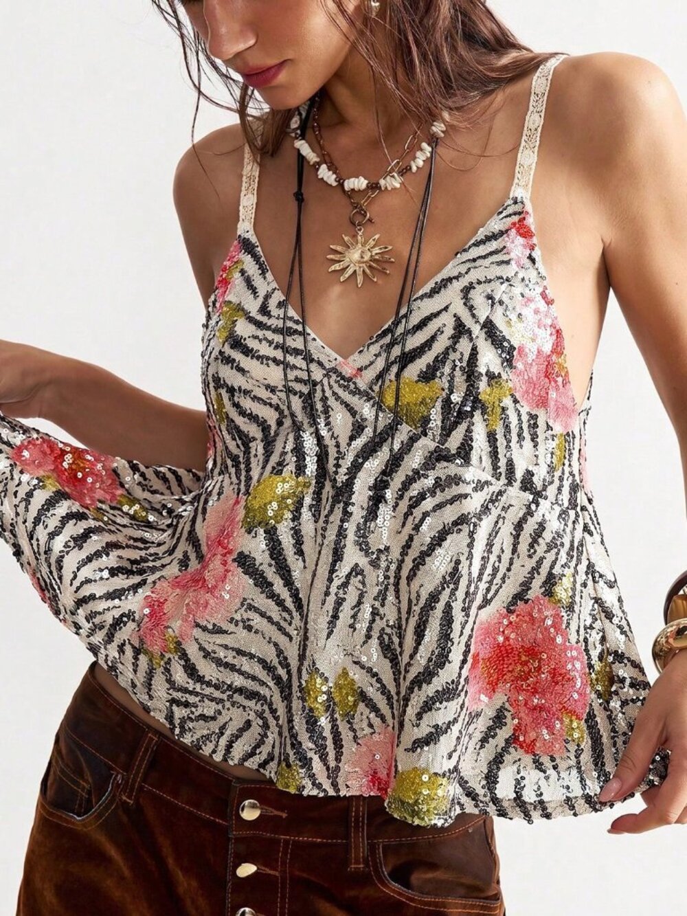 Multicolor Boho Women's Loose Spaghetti Strap Cold Shoulder Sequin Cami